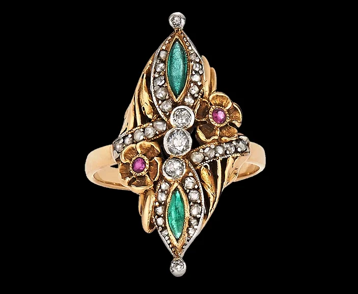 An Art Nouveau 18-karat yellow-gold ring with emeralds, rubies, and diamonds