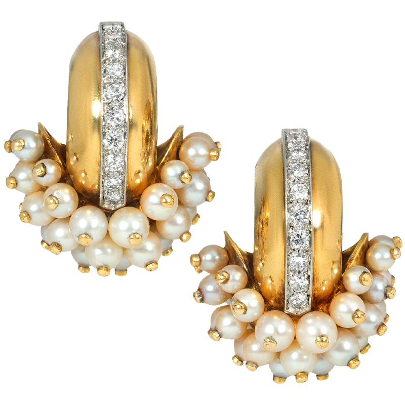 René Boivin Pearl, Diamond & Gold Earrings, 1930s